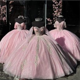 Sweet Pink Princess Quinceanera Dresses 2024 Lace Beads Crystals Sweet 15 Birthday Party Gowns Luxury Girl Vestidos De 15 Anos