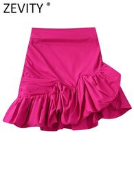 Skirts Zevity Women Fashion Solid Colour Pleated Ruffles Asymmetrical Ball Gown Skirt Faldas Mujer Female Zipper Slim Vestidos QUN1544 230417