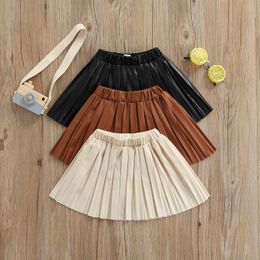 Skirts Kid Girl Leather Pleated Skirts Elastic Waist Solid Color Knee Length Elegant Half Skirt 16T 230417