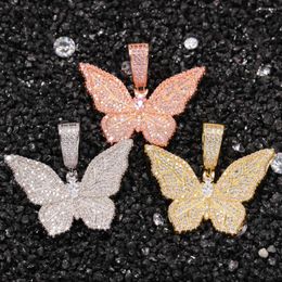 Pendant Necklaces Hip Hop Cubic Zirconia Butterfly Necklace Bling Colourful Pink Black Yellow Ins Sweater Chain For Women Jewellery