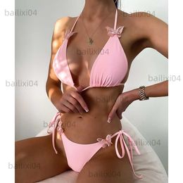 Women's Swimwear VigoCasey Sexy Butterfly Bikini Swimwear Women 2021 Pink Halter Swimsuit Female High Cut Biquini Bathing Suit Summer Beachwear T230417