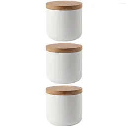 Storage Bottles Set 3 Glass Jars Lids Dry Dispenser Bamboo Cover Ceramic Kitchen Container Wooden Flour Sugar