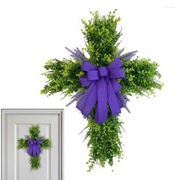 Decorative Flowers Easter Wreath Rustic Front Door Hanging Cross Party Decor Realistic Simulation Lavender Eucalyptus Spring Garland