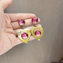 Dangle Earrings Vintage Pink Crystal Golden Colour Peach Heart Asymmetric One Arrow Through The Letter Jewellery 90s