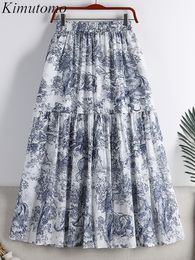 Skirts Kimutomo Vintage Ink Painting Print Pleated Skirt Woman Elegant High Elastic Waist Folds Design Versatile Big Swing Long Skirts 230417