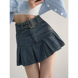 Skirts Summer Denim Short Skirt Women Retro Sexy High Waist A-line Pleated Skirt Ladies Korean Fashion Girl Style Skirt 230417