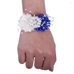 Decorative Flowers Bride Bridesmaid Wrist Corsage Elastic Bracelet Rhinestone Pearl DIY Sisters Group Wedding Supplies SW049