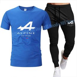 Mens Tracksuits Summer Men Sets Printed Alpine Racing team Drive Alonso Fashion Short Sleeve Cotton TshirtTrousers sportswear suit 230414