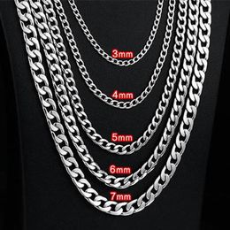 3mm 5mm 6mm 7mm Stainless Steel Flat Curb Cuban Chain Link for Men Women Necklace 45cm-75cm Length with Velvet Bag2861