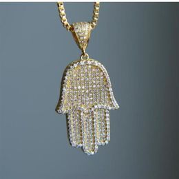 high quality hip hop bling box chain 24 women Men couple gold silver color iced out Hamsa hand pendant necklace for birthday2414
