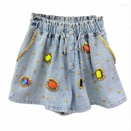 Women's Shorts Exquisite Rhinestone Beaded Denim Women High Waist Slimming Wide-Leg Jean 2023 Spring Summer Bottoms P885