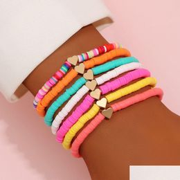 Beaded 7Pcs Surfer Heishi Bracelets Set Beads Strands Rainbow Gold Love Heart Charm Stretch 4Mm Soft Clay Stackable Boho Wristbands Dh Dhcvy