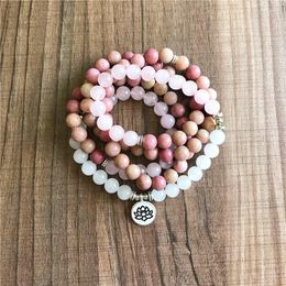 Strand 108 Mala Beads Bracelet Natural Rosequartz & Whitejade Rhodonite Yoga Lotus 5 Laps Prayer Healing Bracelets
