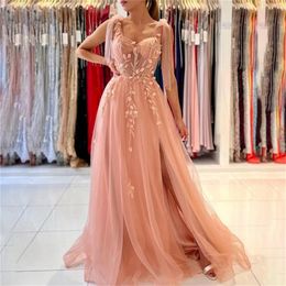 Spaghetti Strap Evening Gown Coral Pink Prom Dress Appliques Lace Prom Evening Dress with High Split robes de soiree