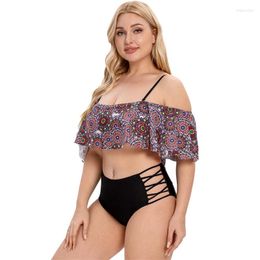 Women's Swimwear 2023 Plus Size Women Sexy Two Piece Bikini Suits Printing Top High Waist Beachwear Female Swimsuit Large