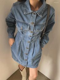 Casual Dresses LY VAREY LIN Spring Women Fashion Lapel Single Breasted Denim Dress Lady Vintage Slim High Waist A-line Short Jean