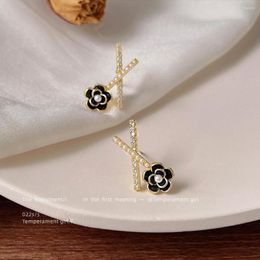 Dangle Earrings Zircon 925 Silver Needle Plated 14K Cross Black Rose Stud Korean Pearl