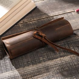 Pencil Bags Retro Pencil Case Handmade Genuine Leather Roll Up Pen Curtain Bag Pouch Wrap Holder Stationery School Supplies 85DD 230417