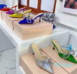 Double Bow Leather Mules Crystal-embellished Pointed Toe Slip-on Knot Rhinestone High Heel PVC Slippers