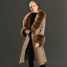 Women's Fur Faux Women Cashmere Wool Long Coat Big Size Collar Spring Autumn Double Face Trench Overcoat Elegant with Belt 231116