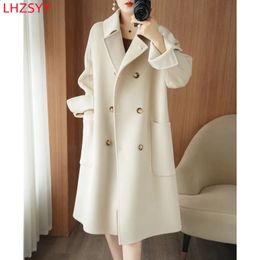 Women's Wool Blends LHZSYY DoubleSided Cashmere Coat Ladies Long Jacket Autumn Winter HighEnd Tops Pure Cardigan Large Size 231116