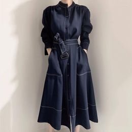 Casual Dresses Korean Chic Minimalist Elegant Standing Neck Open Line Single Breasted Loose Strap Windbreaker Style Dress Long Vestidos Z959