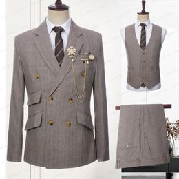 Men's Suits 2023 Latest Summer Men Double Breasted Khaki Linen Vetical Stripe Slim Fit Tuxedos For Wedding 3 Pcs Set Jacket Vest Pants