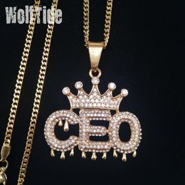 Mens Crown CEO Initial Letters Pedant Cuban Chain Necklace Stainless Steel Personalized Gold Diamond Bling Diamond Hip Hop Jewelry324c