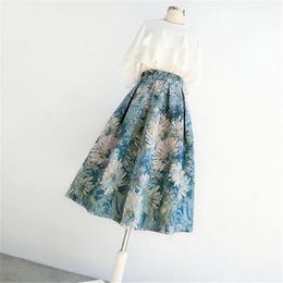 Skirts Vintage Elegant Korean Fashion Oil Painting Ball Gown Skirt High Waisted Puffy Pleated Long Midi Skirt for Women Falda Aesthetic 230417