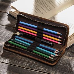 Pencil Bags Genuine Cow Leather Zipper Pen Pouch Pencil Bag Pen Bag Retro Pencil Case School Stationery Bag For Fountain Pen Simple Style 230417