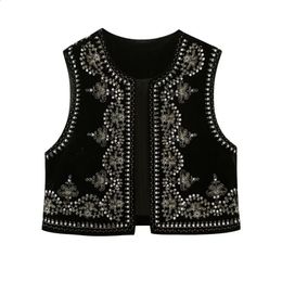 Womens Vests Women Vintage O Neck Sequins Flower Embroidery Short Vest Jacket Ladies Sleeveless Casual Velvet WaistCoat Tops 231116