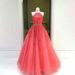 Halter Neck Special Ocn Red Lace Formal Gown Long A-Line Evening Prom Dresses With Floor Length Vestidos De Fiesta 328 328