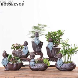 Planters Pots Ceramic Flowerpots Vase Zen Little Buddha Monk Exquisite Ceramic Decorations Purple Sand Pottery Tea Play Planters Flower Pot YQ231117