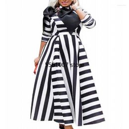 Ethnic Clothing African Maxi Dress Women High Waist Big Swing Robes Gown With Bow Fashion Stripe Print Elegant Streetwear Long