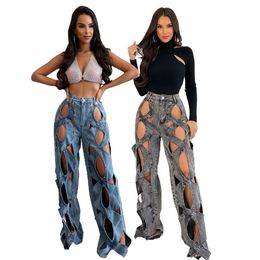 Designer Jeans Women Hollow Out Denim Pants Fashion Blue High Waist Vintage Loose Straight Trousers Y2K Streetwear Bulk Wholesale Clothes 10370