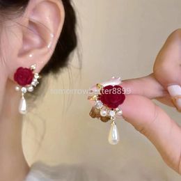 New Year Red Flocking Pearl Earrings For Women Trendy Vintage Rose Flower Pendant Elegant Earring Wedding Party Jewellery Gifts