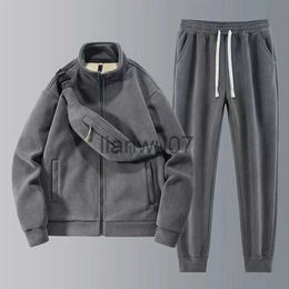 Men's Tracksuits Men's Autumn Winter New Fleece Suits Thicke Warm Two Piece Set Loose Stand Collar Shoulder Bag Coat Pants Fashion Casual Outfits J231117