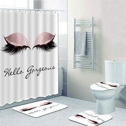 Trendy Rose Gold Eyelash Shower Curtain Set Bathroom Curtain with Bath Mat Rug Carpet for Toilet Glitter Hello Gorgeous Decor 2011279g