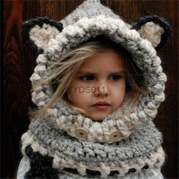 Beanie/Skull Caps 2-8 Years Hooded Baby Scarf Knit Crochet Bear Hat Shls Cute Warm Children Neck Head Scarf and Beanie Rabbit Fox Cap Warp YG148 YQ231117