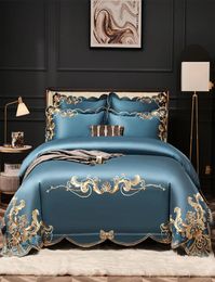 HighEnd Gold Embroidery Bedding Set Luxury 4pcs Blue Egypt Cotton Duvet Cover Bed Sheet Linen Pillowcases Solid Colour Home Textil8749337