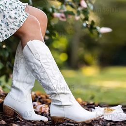 Boots BONJOMARISA White Cowboy Cowgirls Western Boots Embroidery Fashion Women Knee-High Boots Autumn Design women's Boots Shoes T231117
