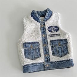 Children fleece splicing denim waistcoat girls letter embroidery single breasted vest outwear autumn winter kids thicken warm waistcoats Z5456