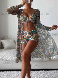 Women's Swimwear Tropical Allover Print Bikini 3pack Drawstring Ruched Cover Up Women Swimsuit 2023 Long Sleeve Swimwear Beach Wear Bathing Suit T230417