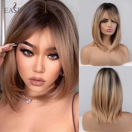 Synthetic Wigs Easihair Brown Blonde Ombre Wigs for Women Synthetic Hair Natural Layered with Side Bangs Heat Resistant Wig 230227