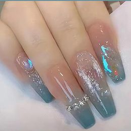 False Nails Diamond Blue Deep Sea Ice Through Manicure Products Reusable Adhesive Fake Nail Supplies Glue Press Things Designer