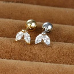 Stud 1 Piece Stainless Steel 2 Leaves Mini Zircon Stud Earring Women Gold Colour Helix Ear Studs Tragus Cartilage Piercing JewelryL231117