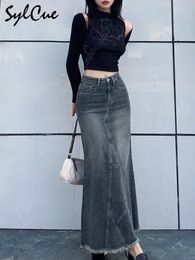 Skirts Sylcue Retro Classic All Match Vitality Casual Outing Tight Sexy White Irregular Women S Long Denim Skirt Girl Cool 230417