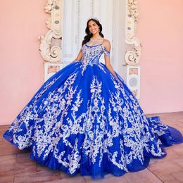 Mexican Royal Blue Shiny Quinceanera Dresses Ball Gown Beaded Lace Appliques Sweet 16 Dress Princess Lace Up Vestido De 15 Anos