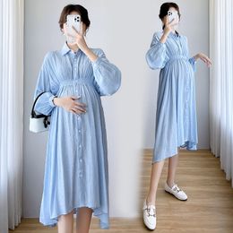 Maternity Dresses Maternity Spring Autumn Nursing Dresses Clothes For Pregnant Women French Loose Oversize Single Breasted Pregnancy Vestidos 230417