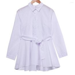 Casual Dresses Fashion Womens Loose White Button Tops Long Sleeve Turn-Down Collar Sashes Mini Dress